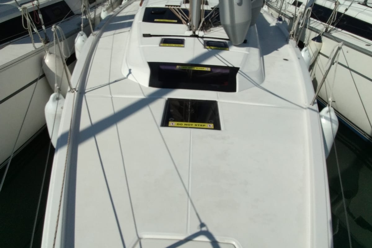 Deck of Triumph, a Dufour 430 sailboat at Kontokali, Greece