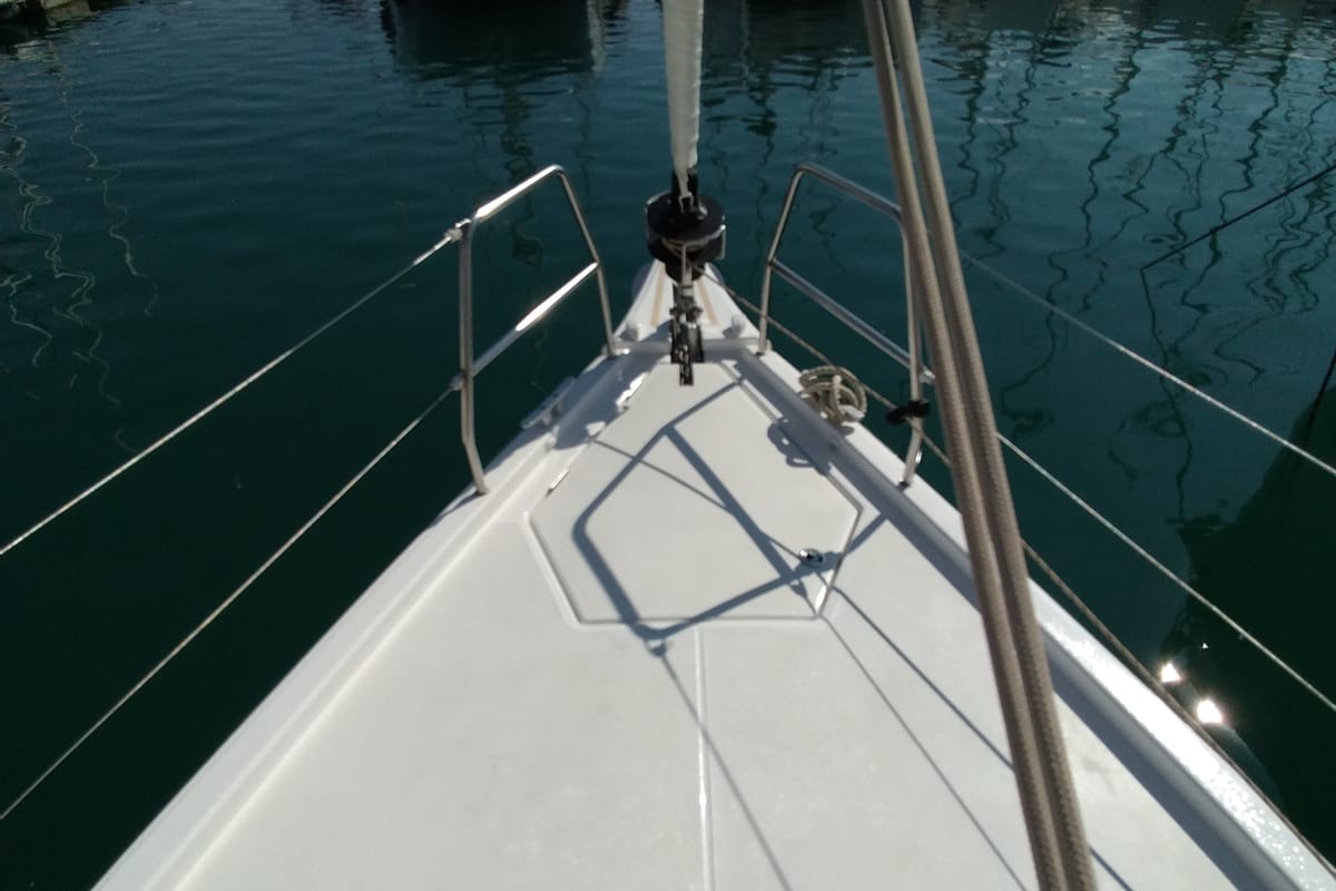 Deck of Triumph, a Dufour 430 sailboat at Kontokali, Greece