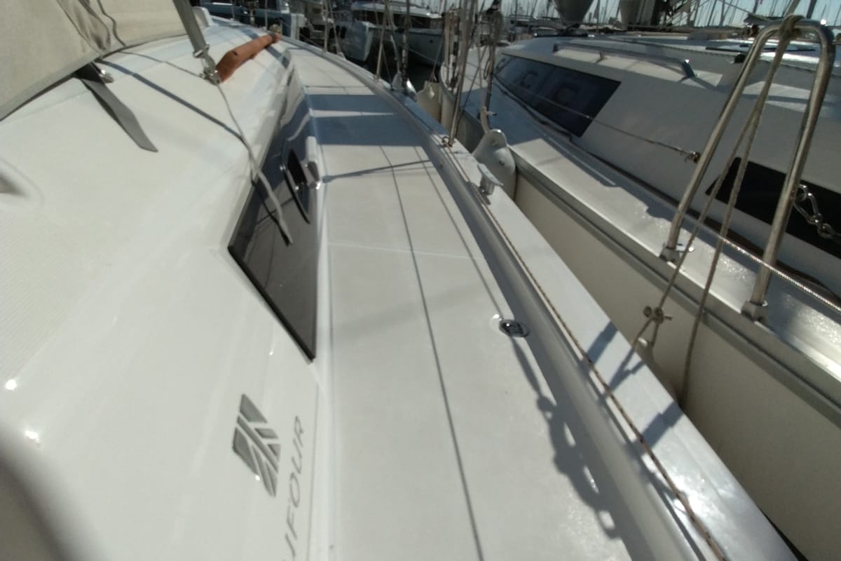 Deck of Triumph, a Dufour 430 sailboat at Kontokali, Greece