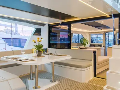 Deck of Moorings 5000-6 Exclusive, a Leopard 50 catamaran at English Harbour, Antigua and Barbuda