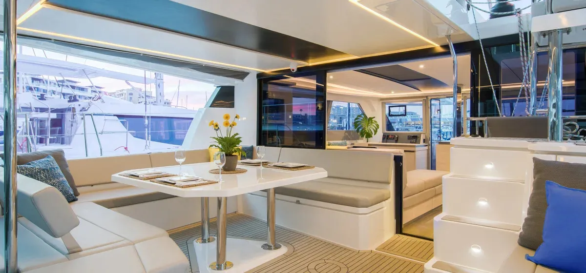 Deck of Moorings 5000-6 Exclusive, a Leopard 50 catamaran at English Harbour, Antigua and Barbuda
