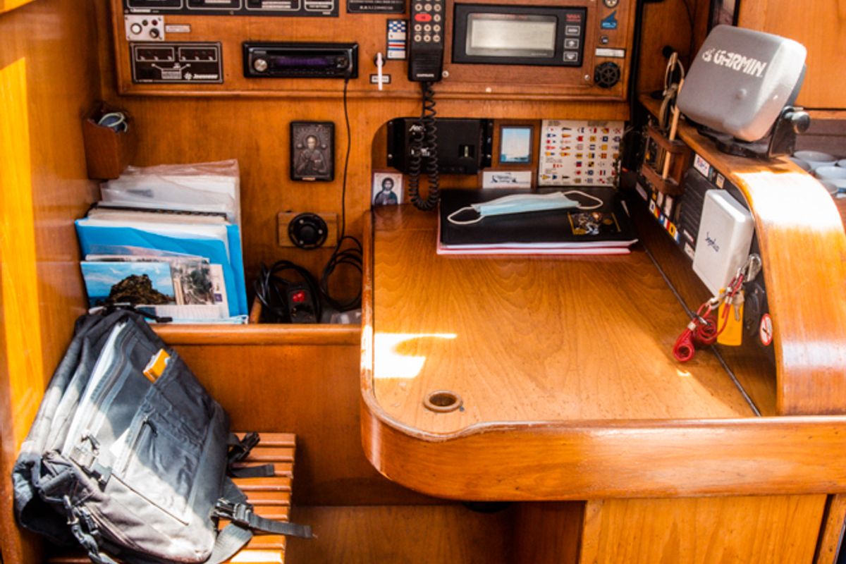Cockpit of Sophia, a Jeanneau Sun Odyssey 33 sailboat at Volos Municipality, Greece