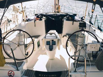 Cockpit of Mila, a Jeanneau Sun Odyssey 42 i sailboat at Volos Municipality, Greece