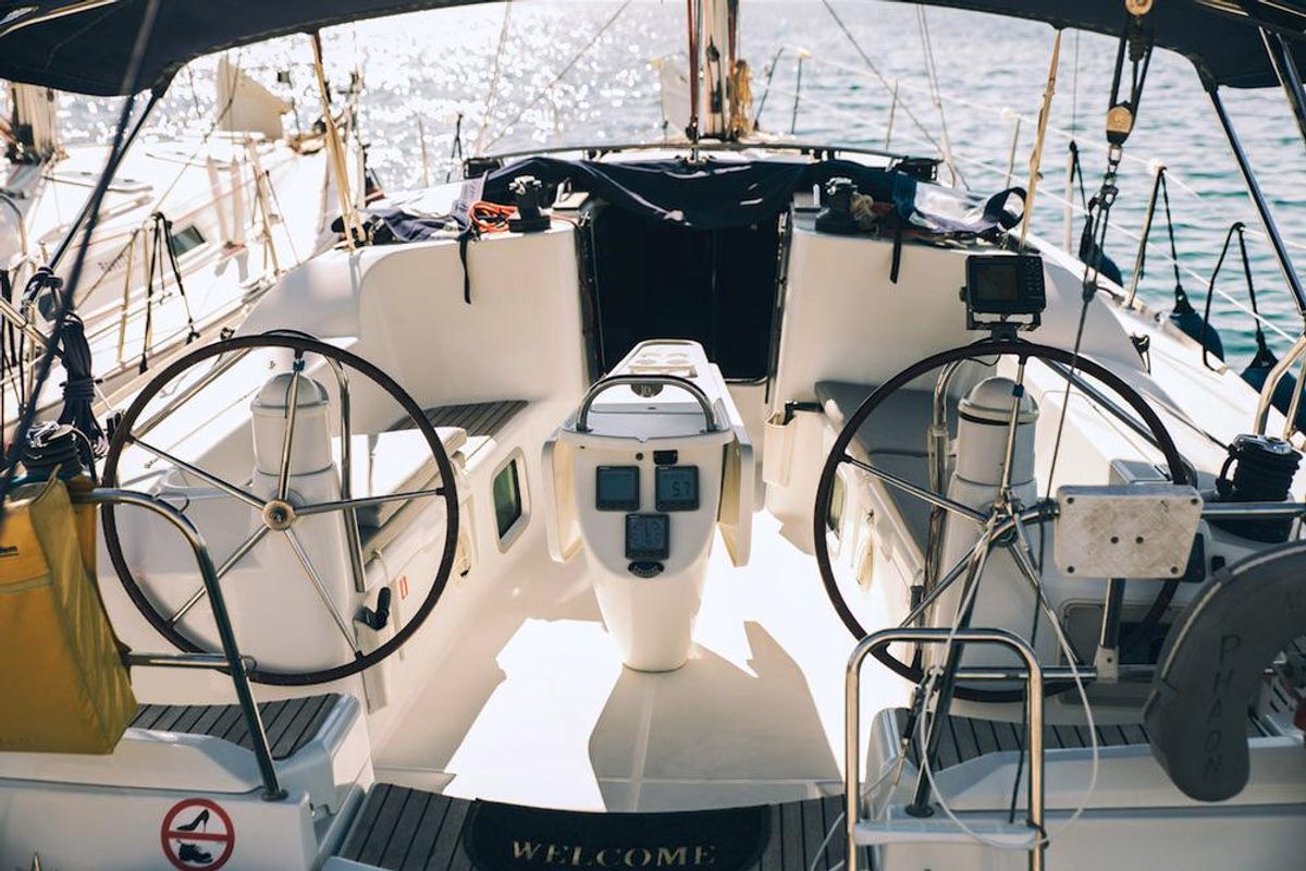 Cockpit of Mila, a Jeanneau Sun Odyssey 42 i sailboat at Volos Municipality, Greece
