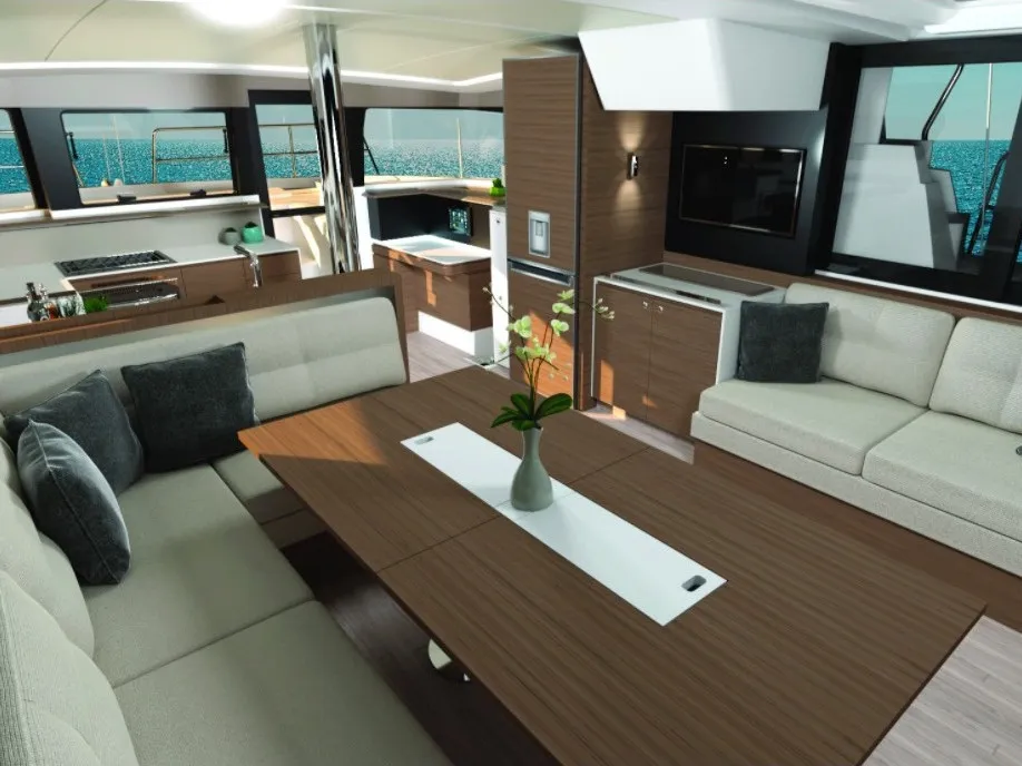 Salon of Blitz, a Bali 4.2 catamaran at Tonnarella, Italy