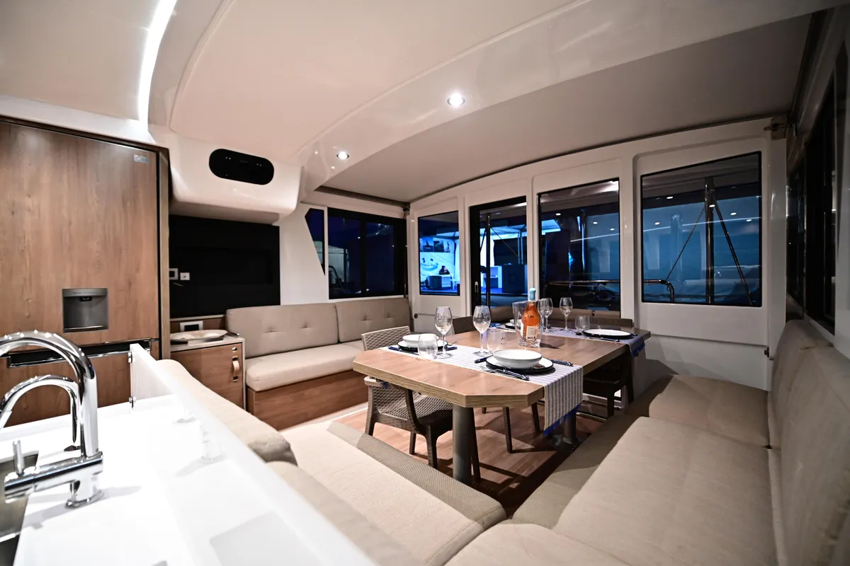 Salon of Blitz, a Bali 4.2 catamaran at Tonnarella, Italy