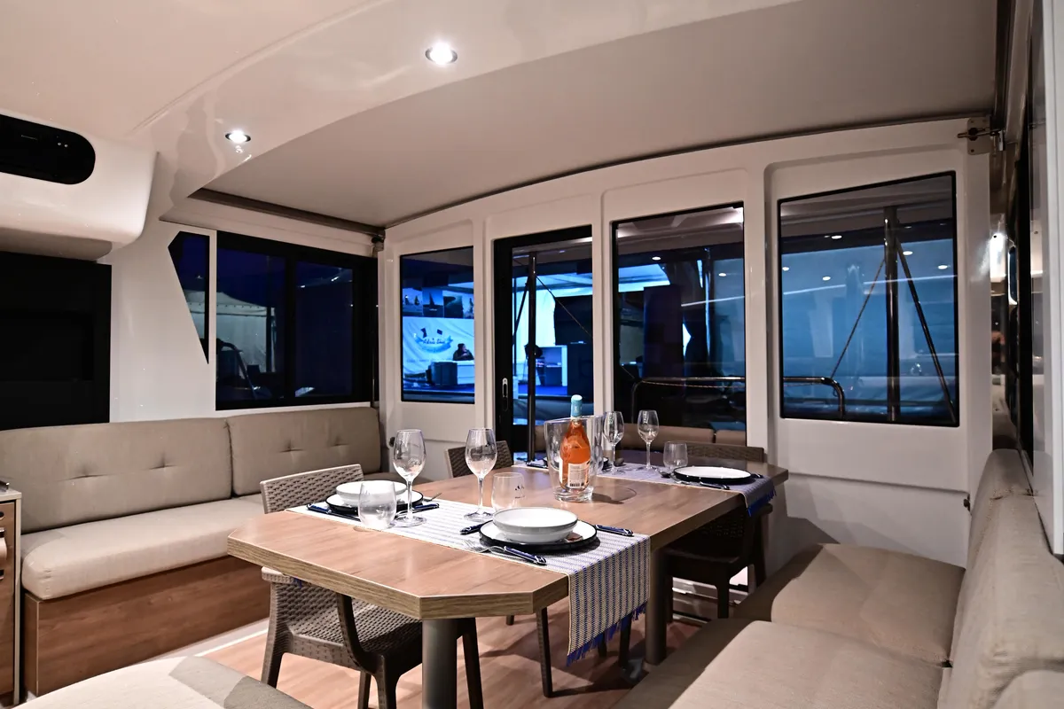 Salon of Blitz, a Bali 4.2 catamaran at Tonnarella, Italy