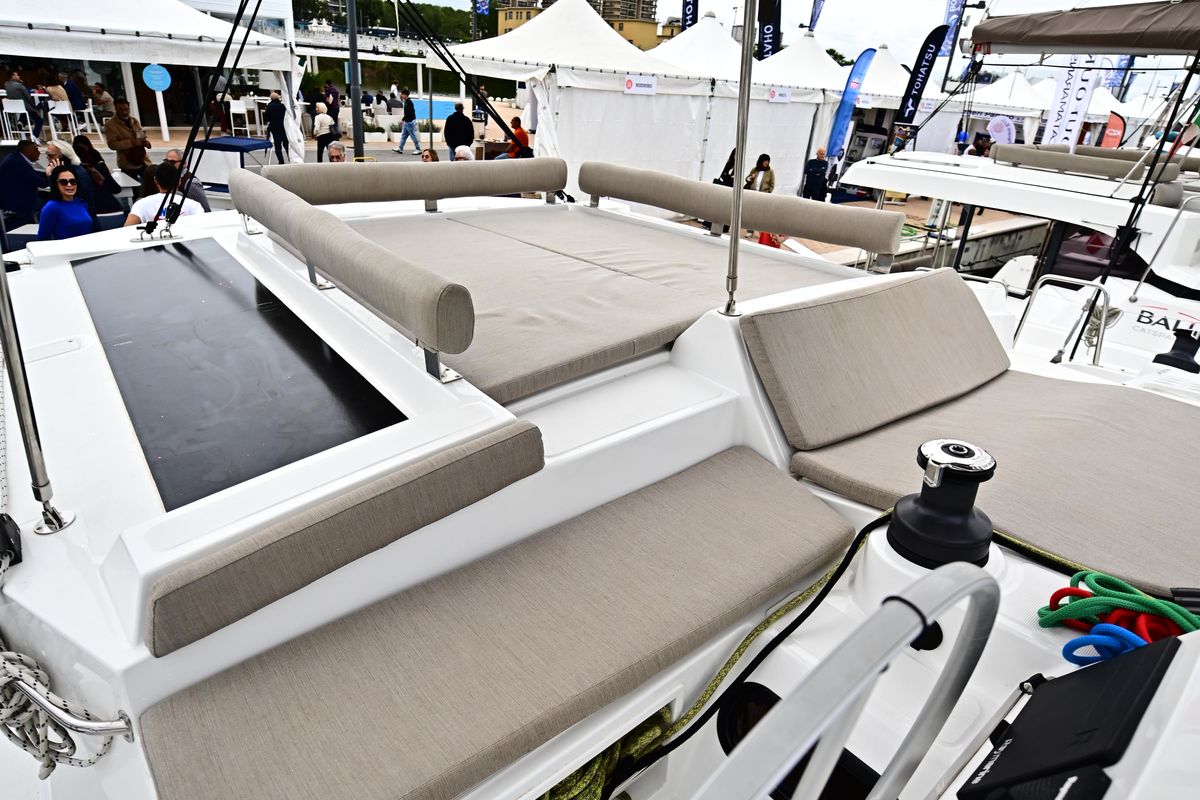 Deck of Blitz, a Bali 4.2 catamaran at Tonnarella, Italy