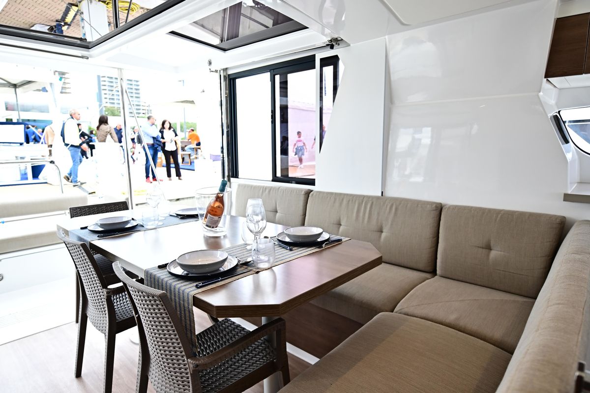 Salon of Blitz, a Bali 4.2 catamaran at Tonnarella, Italy