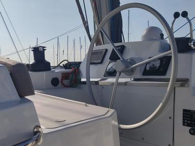 Cockpit of Blitz, a Bali 4.2 catamaran at Tonnarella, Italy