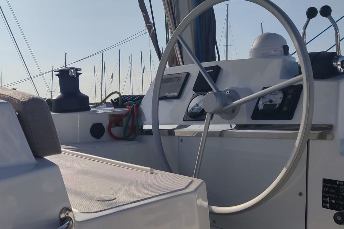 Cockpit of Blitz, a Bali 4.2 catamaran at Tonnarella, Italy