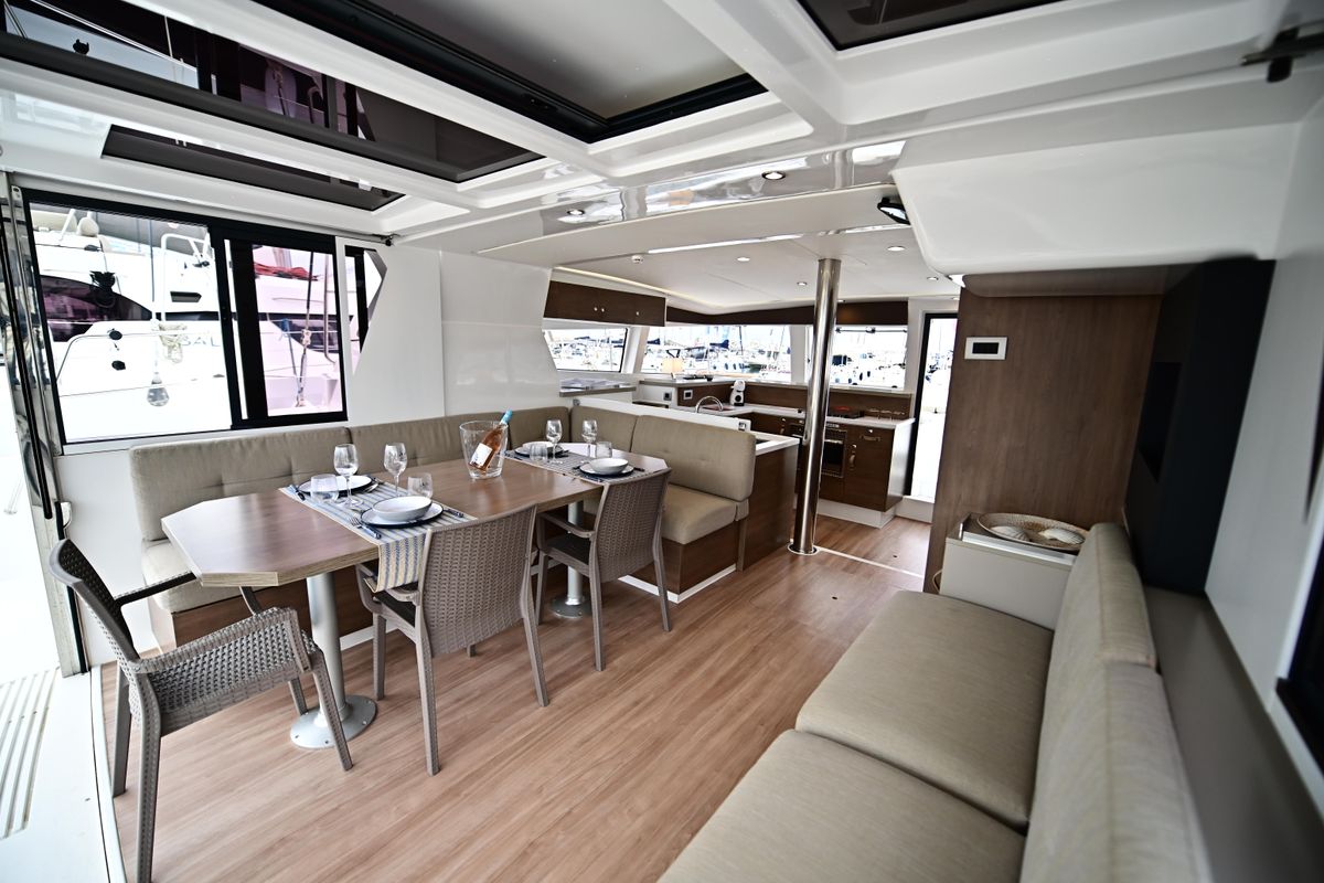 Salon of Blitz, a Bali 4.2 catamaran at Tonnarella, Italy
