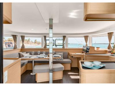 Salon of Lucrezia, a Lagoon 42 catamaran at Olbia, Italy