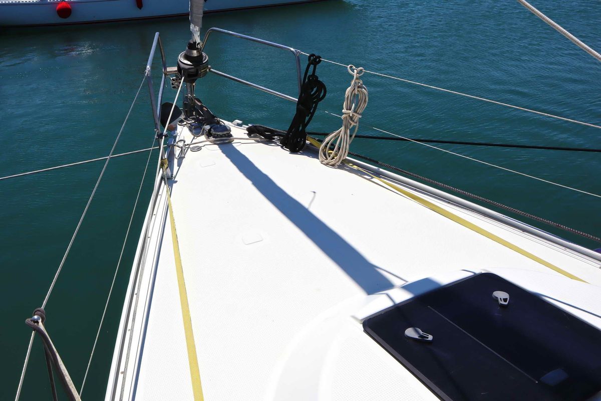 Deck of Fortuna Redux, a Bavaria Cruiser 40 sailboat at Athens, Greece