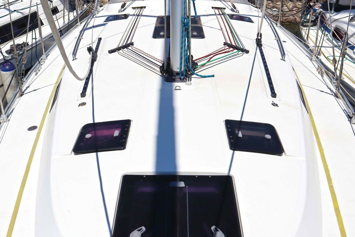 Deck of Fortuna Redux, a Bavaria Cruiser 40 sailboat at Athens, Greece