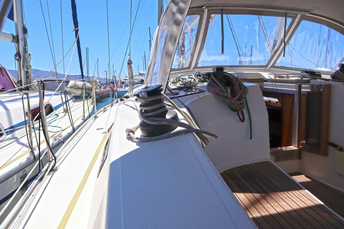 Deck of Fortuna Redux, a Bavaria Cruiser 40 sailboat at Athens, Greece