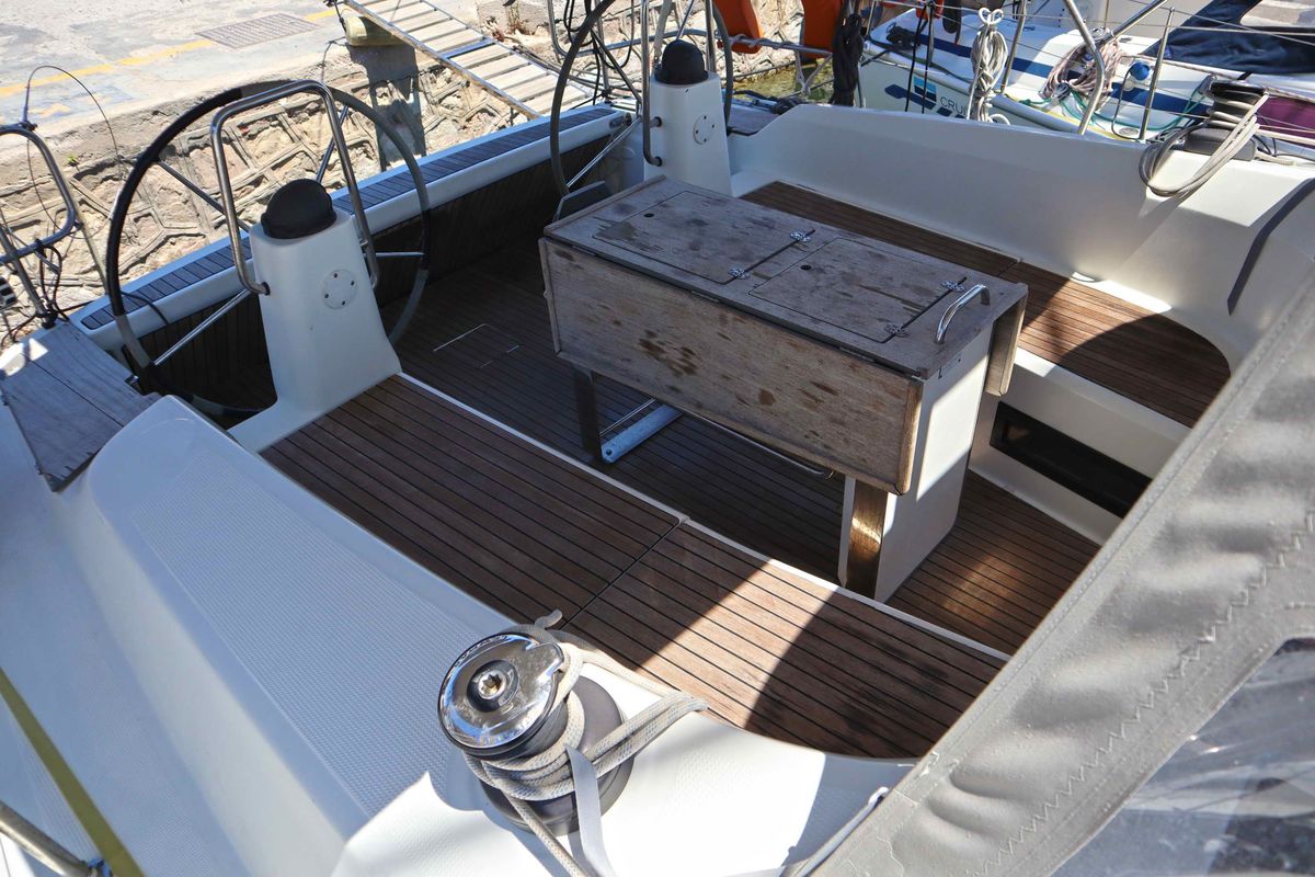 Cockpit of Fortuna Redux, a Bavaria Cruiser 40 sailboat at Athens, Greece