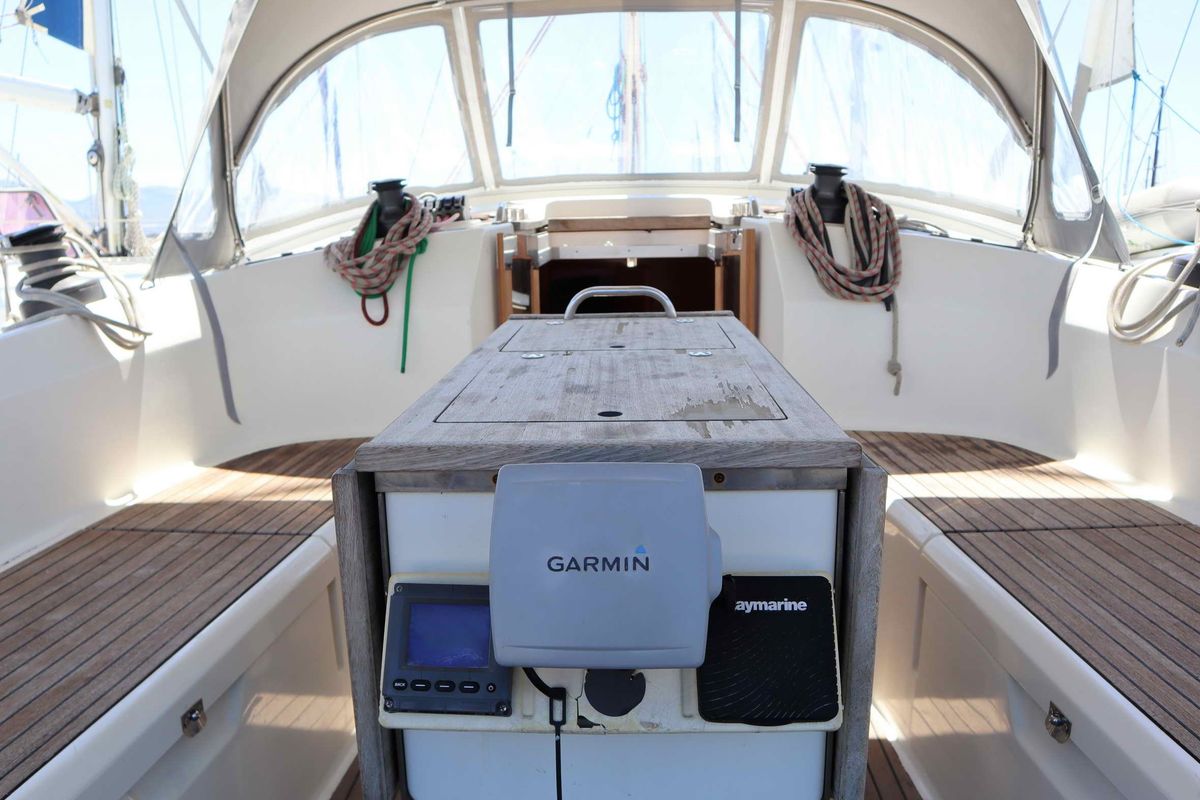 Cockpit of Fortuna Redux, a Bavaria Cruiser 40 sailboat at Athens, Greece