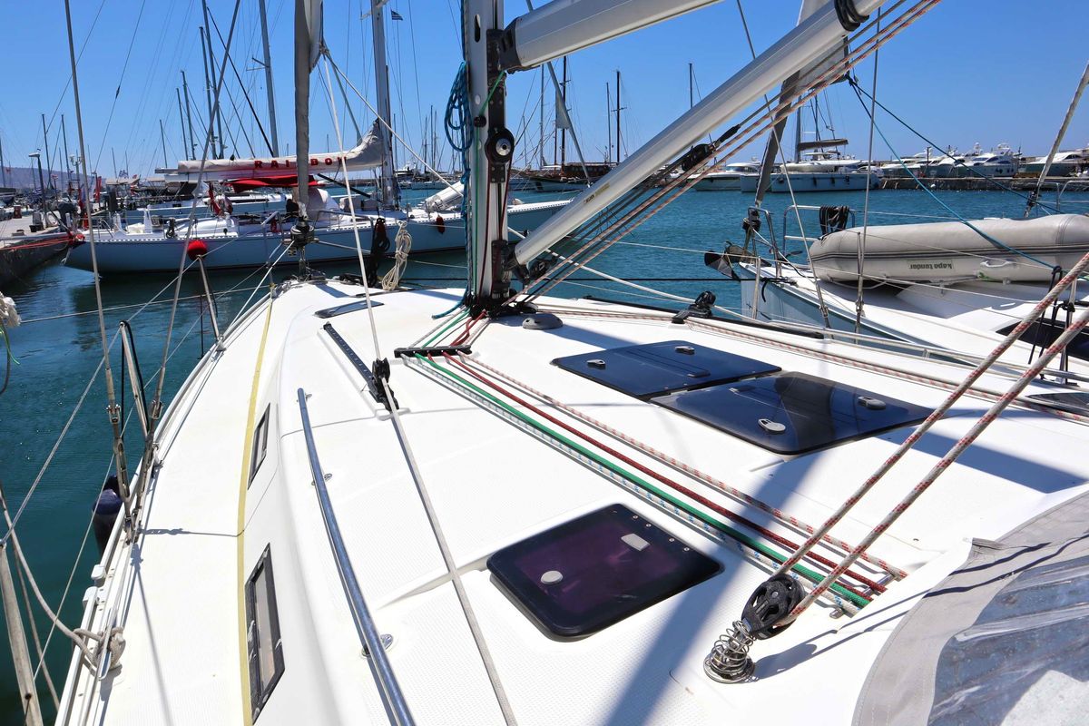 Deck of Fortuna Redux, a Bavaria Cruiser 40 sailboat at Athens, Greece
