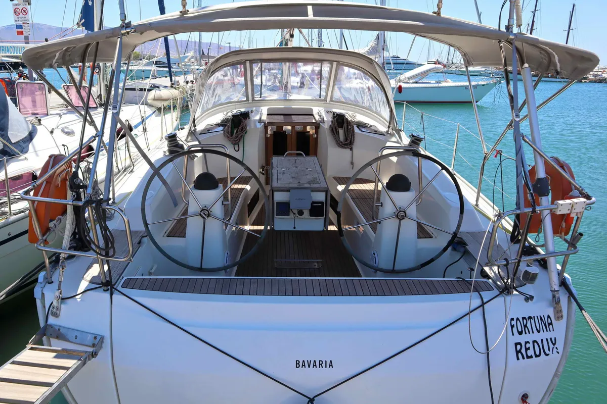 Exterior view of Fortuna Redux, a Bavaria Cruiser 40 sailboat at Athens, Greece