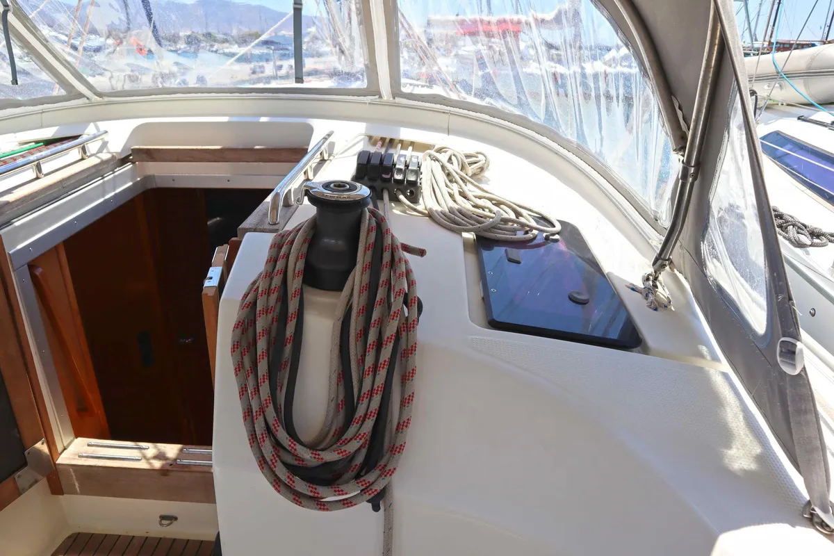Deck of Fortuna Redux, a Bavaria Cruiser 40 sailboat at Athens, Greece