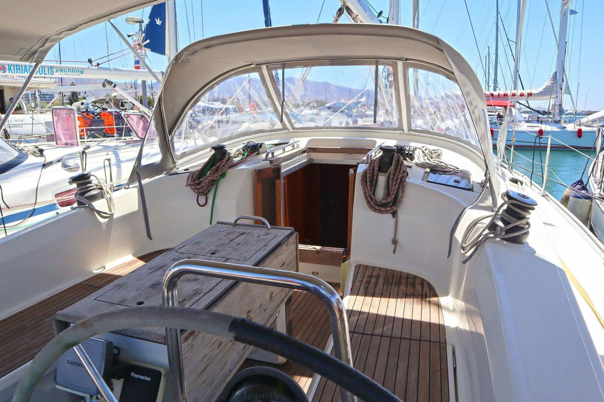 Cockpit of Fortuna Redux, a Bavaria Cruiser 40 sailboat at Athens, Greece