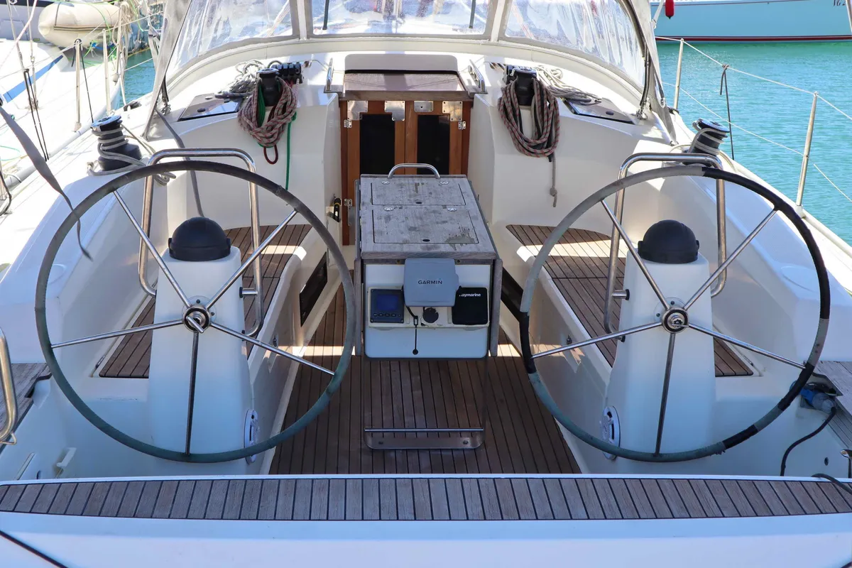 Cockpit of Fortuna Redux, a Bavaria Cruiser 40 sailboat at Athens, Greece