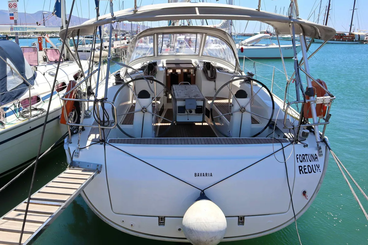 Exterior view of Fortuna Redux, a Bavaria Cruiser 40 sailboat at Athens, Greece