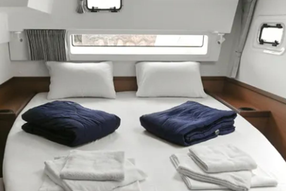 Cabin on N. M, a Lagoon 42 catamaran at Athens, Greece