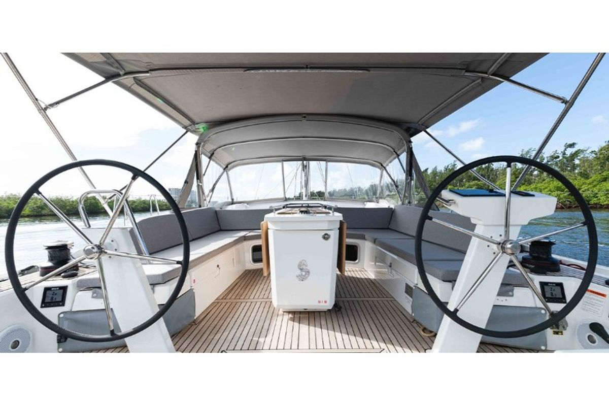 Cockpit of All Blue II, a Beneteau Oceanis 51.1 sailboat at Municipal Unit of Lefkada, Greece