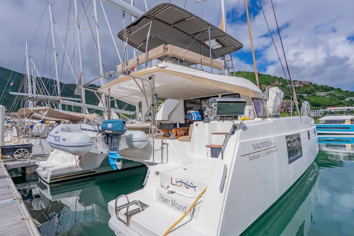 Deck of Luna, a Nautitech Rochefort Nautitech 46 Fly catamaran at Road Town, British Virgin Islands