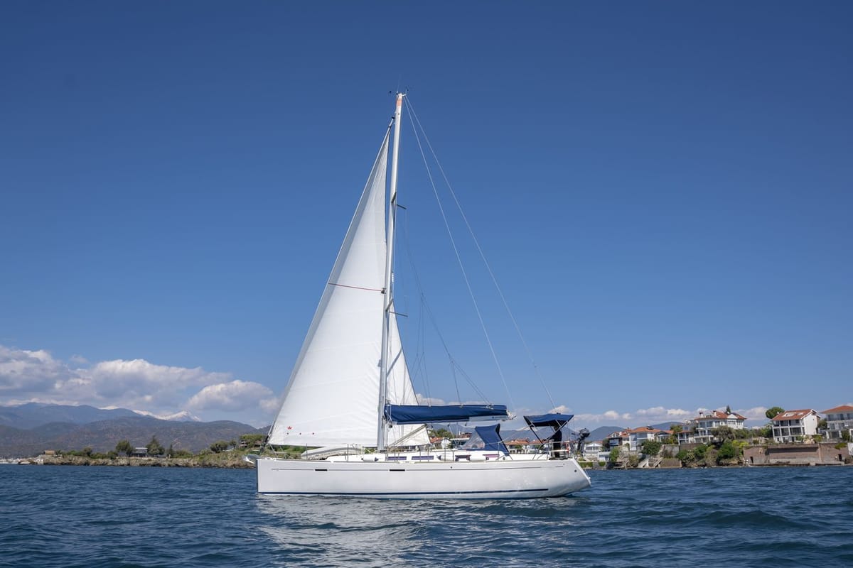 Exterior view of Esen Mila, a Dufour 425 GL sailboat at Fethiye, Turkey