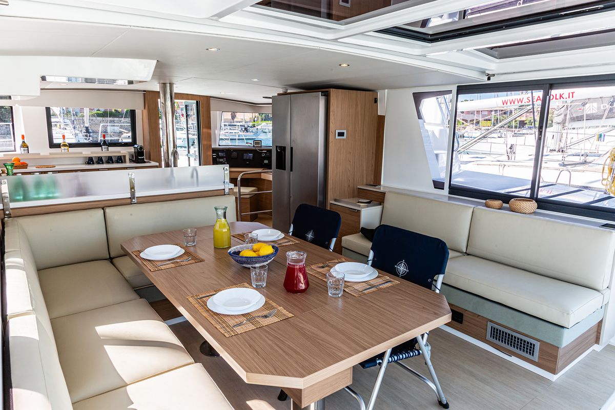 Salon of Enea, a Bali 4.6 catamaran at Tonnarella, Italy