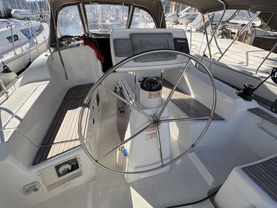Cockpit of Sail Mira, a Jeanneau Sun Odyssey 36i sailboat at Fethiye, Turkey