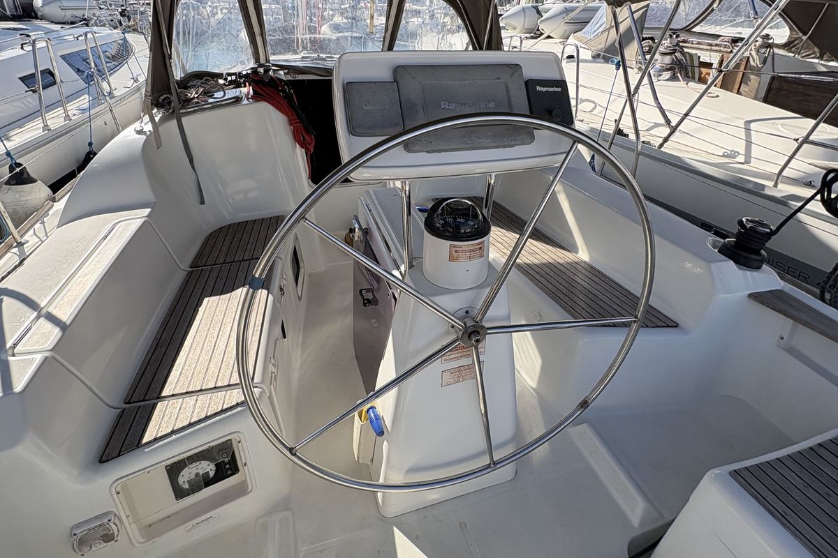 Cockpit of Sail Mira, a Jeanneau Sun Odyssey 36i sailboat at Fethiye, Turkey