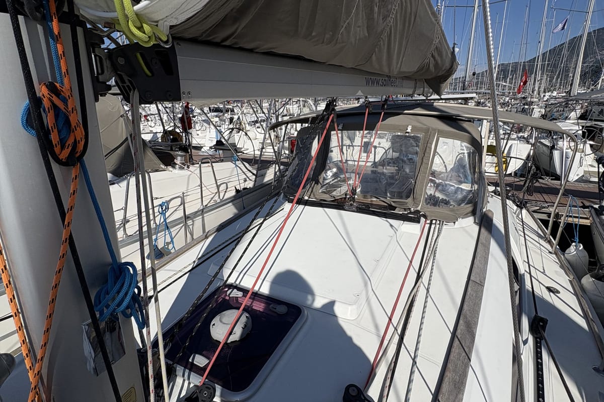 Deck of Sail Mira, a Jeanneau Sun Odyssey 36i sailboat at Fethiye, Turkey