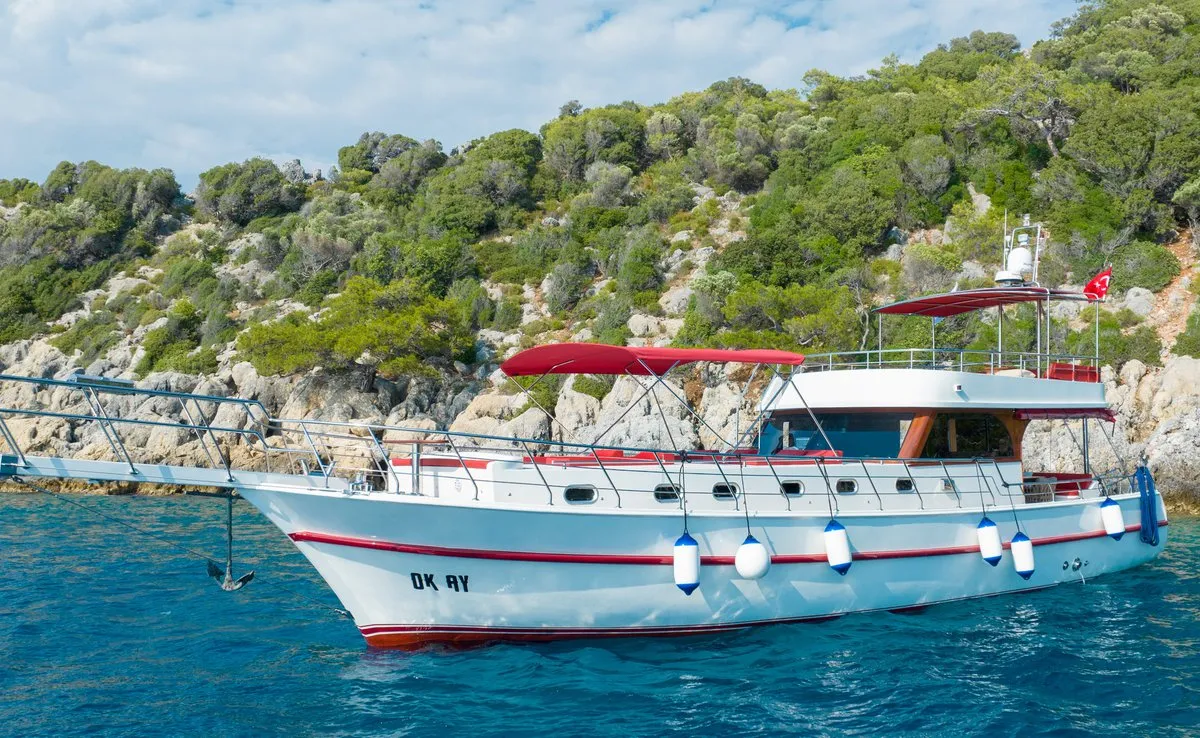 Exterior view of Ok Ay, a Custom Made OK AY Gulet yacht at Fethiye, Turkey