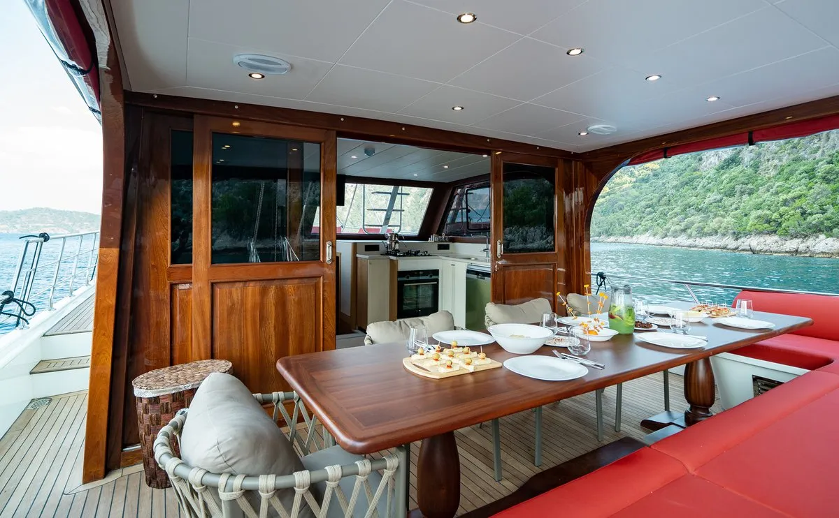Deck of Ok Ay, a Custom Made OK AY Gulet yacht at Fethiye, Turkey