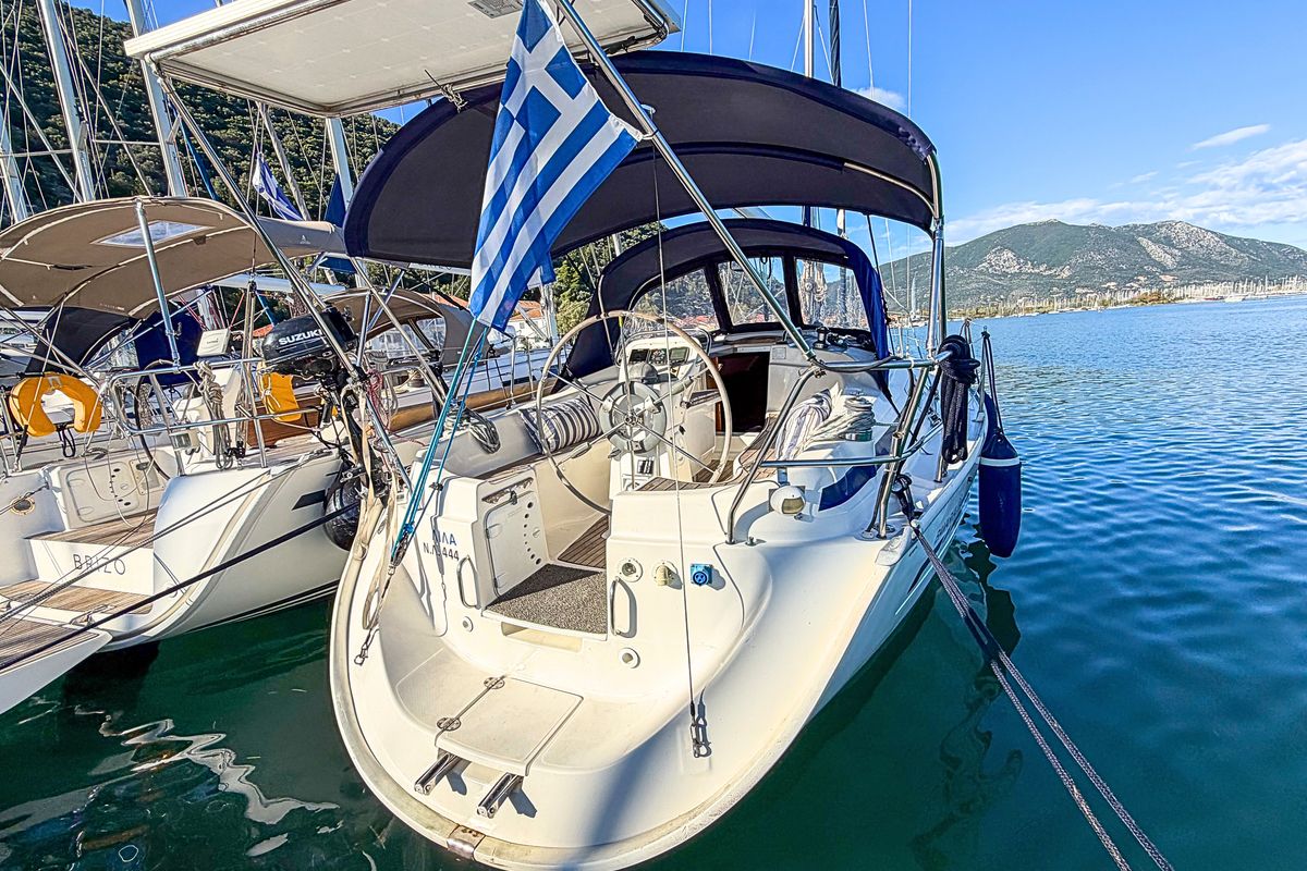 Exterior view of LILA, a Bavaria Cruiser 32 sailboat at Municipal Unit of Ellomenos, Greece