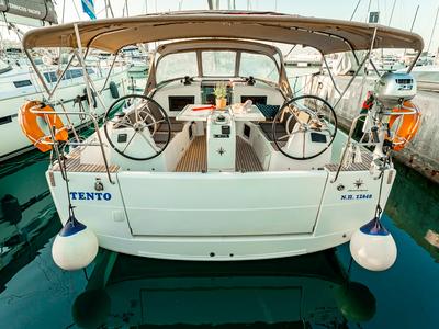 Cockpit of Tento, a Jeanneau Sun Odyssey 410 sailboat at Municipal Unit of Rhodes, Greece