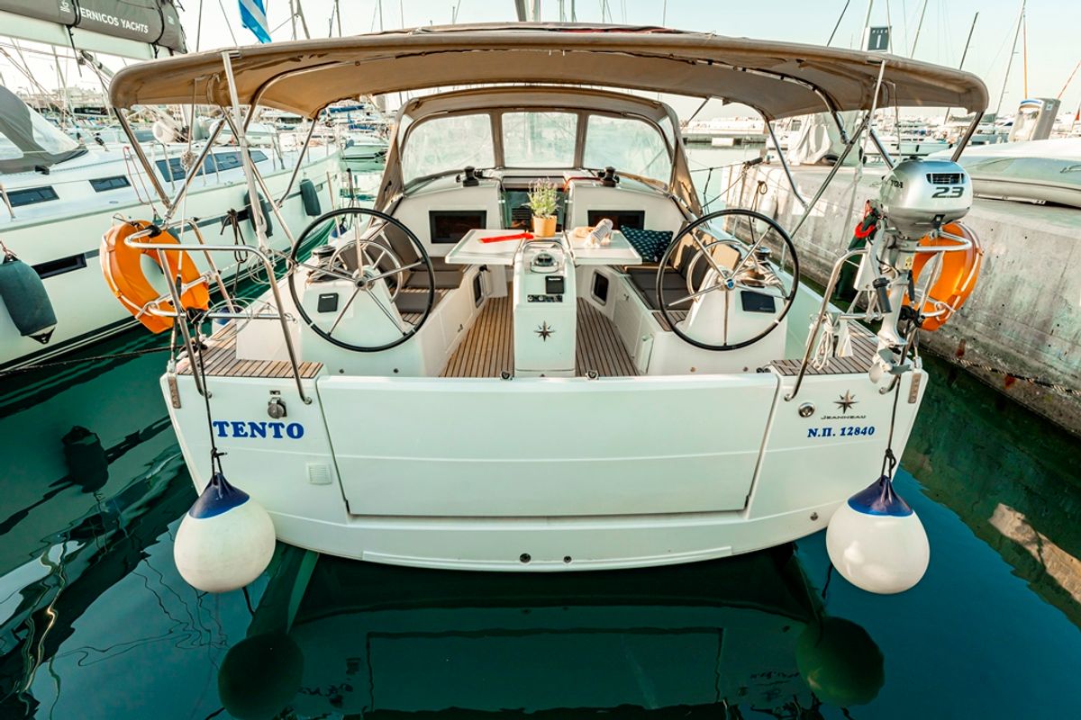 Cockpit of Tento, a Jeanneau Sun Odyssey 410 sailboat at Municipal Unit of Rhodes, Greece