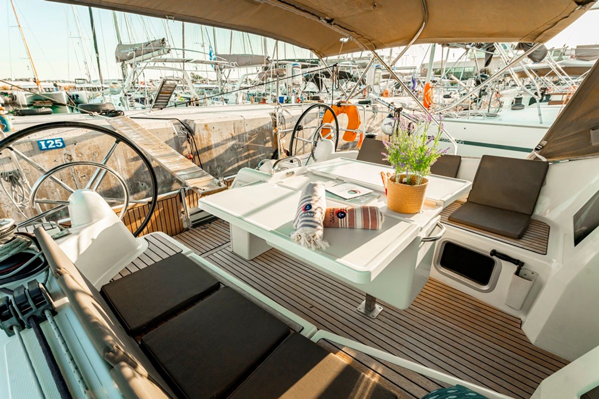 Cockpit of Tento, a Jeanneau Sun Odyssey 410 sailboat at Municipal Unit of Rhodes, Greece