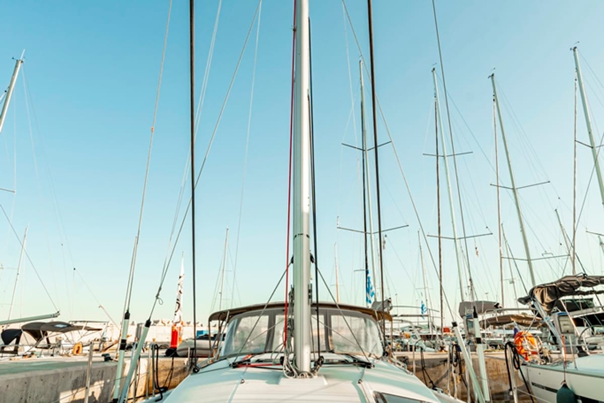 Exterior view of Tento, a Jeanneau Sun Odyssey 410 sailboat at Municipal Unit of Rhodes, Greece