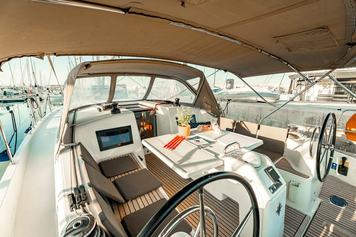 Cockpit of Tento, a Jeanneau Sun Odyssey 410 sailboat at Municipal Unit of Rhodes, Greece