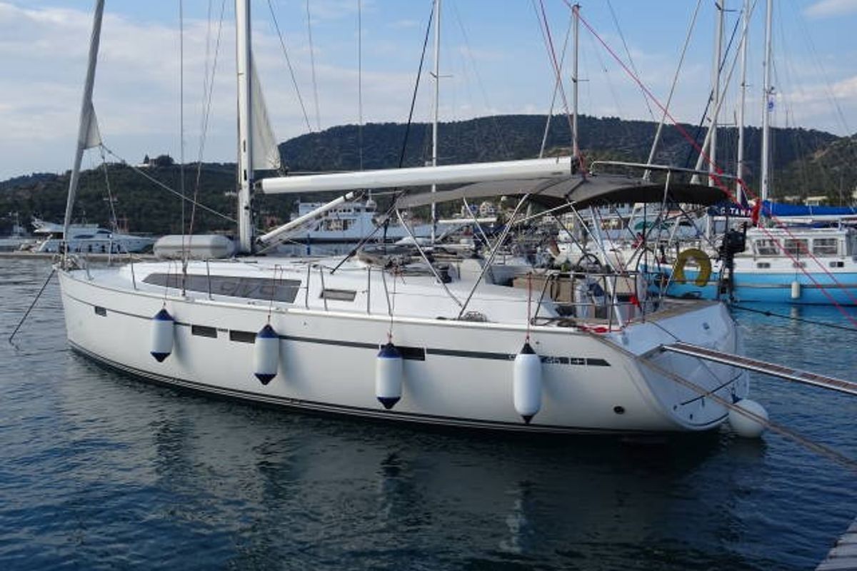 Exterior view of Rea, a Bavaria Cruiser 46 sailboat at Municipal Unit of Lefkada, Greece