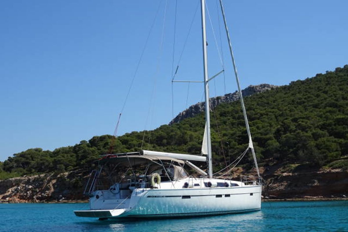 Exterior view of Rea, a Bavaria Cruiser 46 sailboat at Municipal Unit of Lefkada, Greece