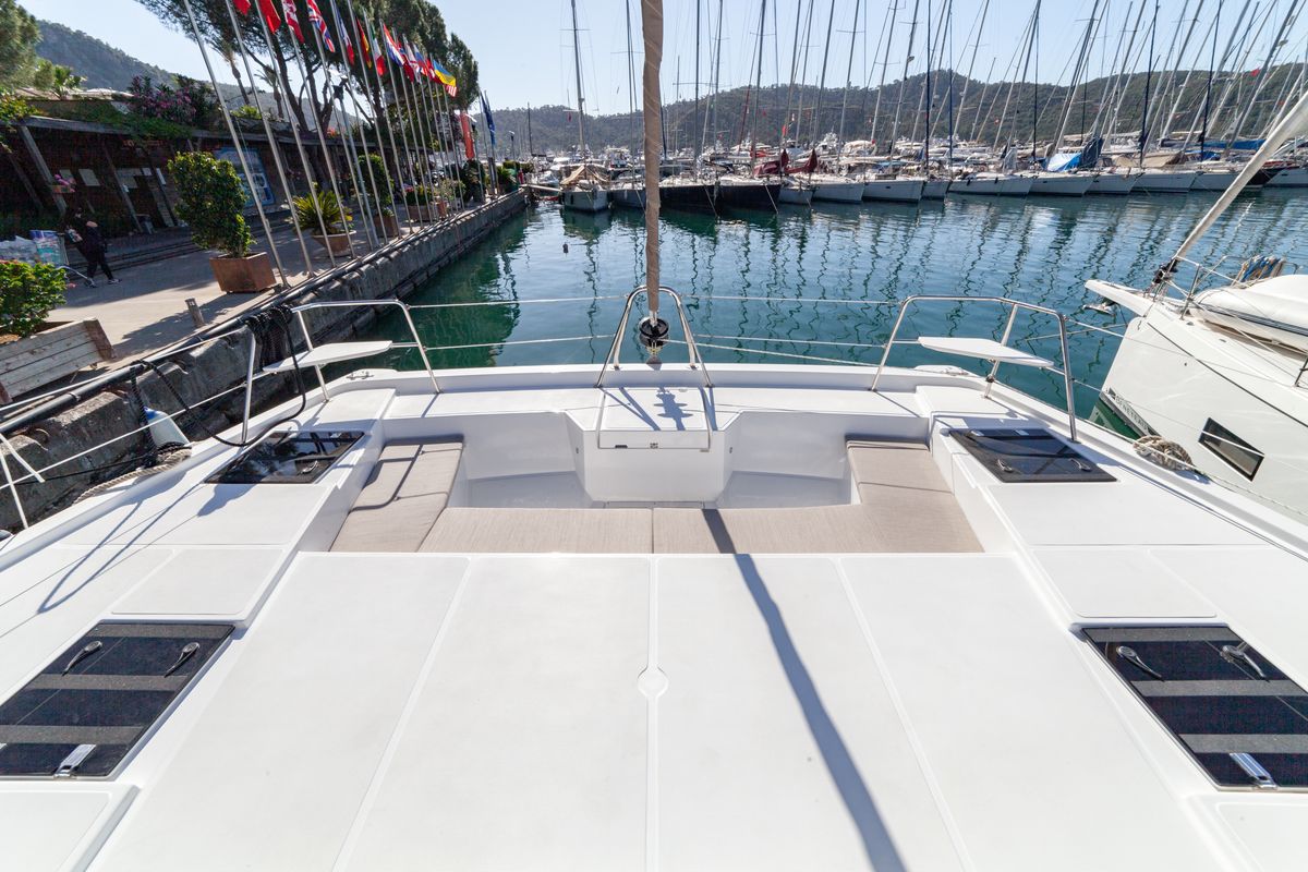 Deck of Sail Solaris, a Bali Catspace catamaran at Marmaris, Turkey
