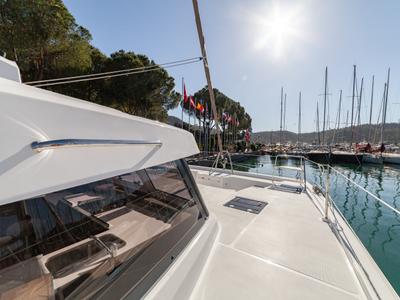 Deck of Sail Solaris, a Bali Catspace catamaran at Marmaris, Turkey