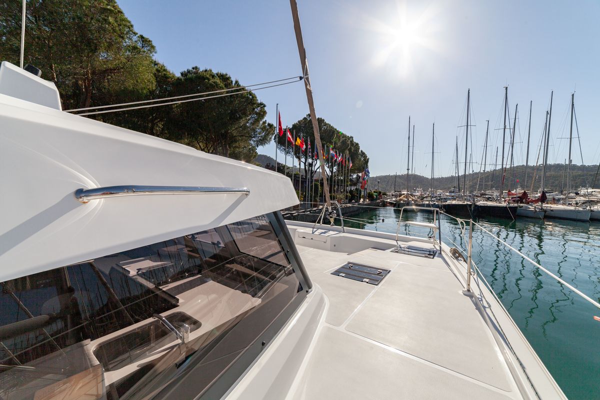 Deck of Sail Solaris, a Bali Catspace catamaran at Marmaris, Turkey