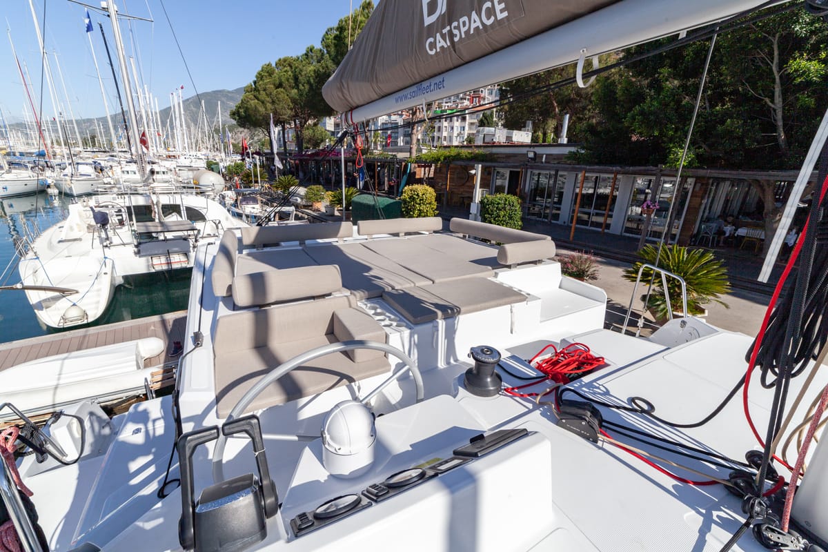 Cockpit of Sail Solaris, a Bali Catspace catamaran at Marmaris, Turkey
